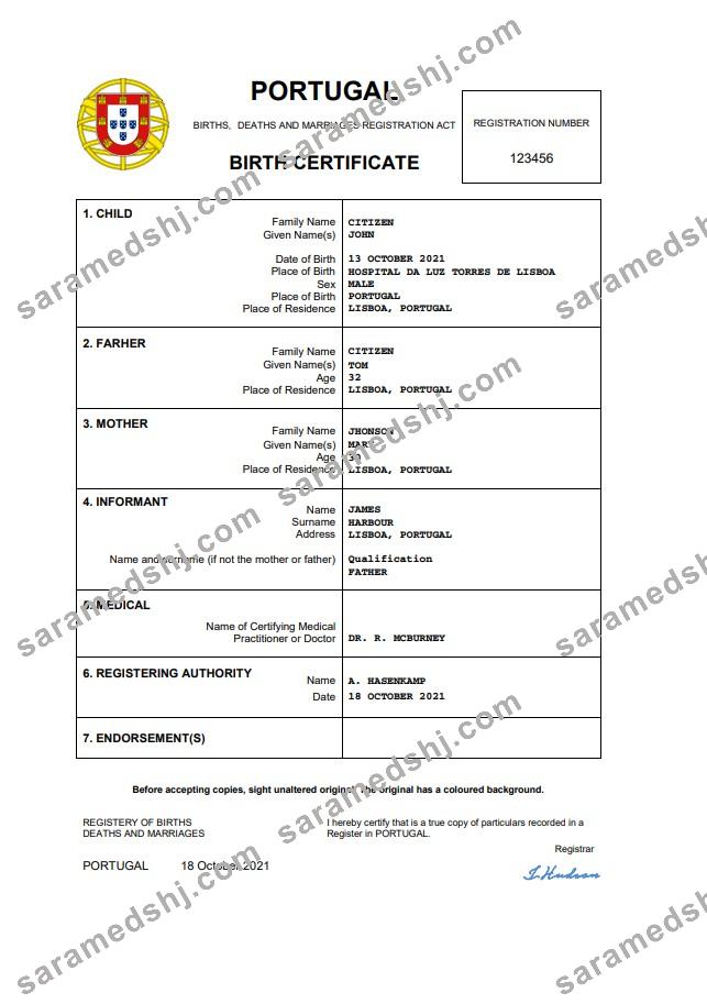 Portugal birth certificate Word and PDF template